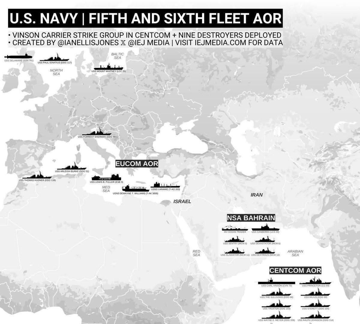 美国海军采取行动保护以色列：
— 托马斯哈德纳号驱逐舰 (DDG 116) 驶往
