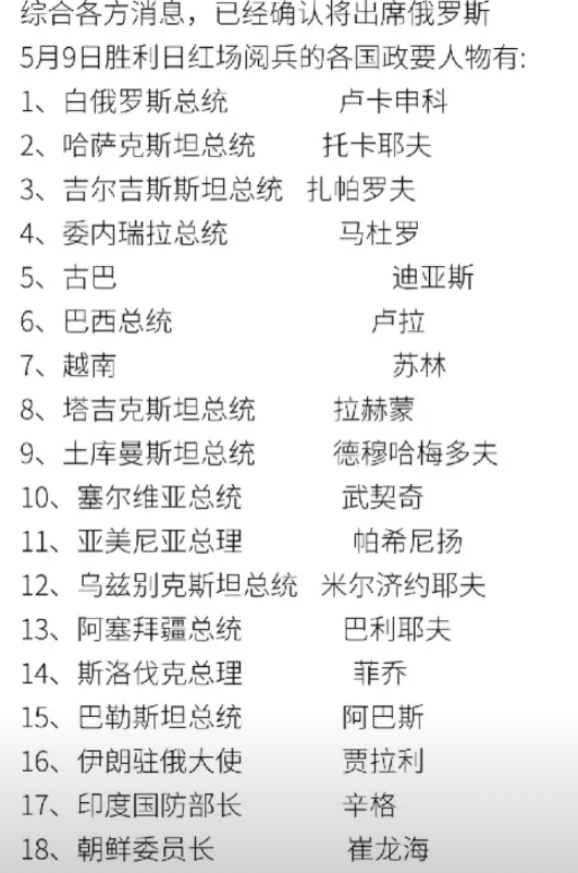 没想到，确认参加俄罗斯胜利日大阅兵的各国政要竟然这么多，目前，中国、印度、巴西、