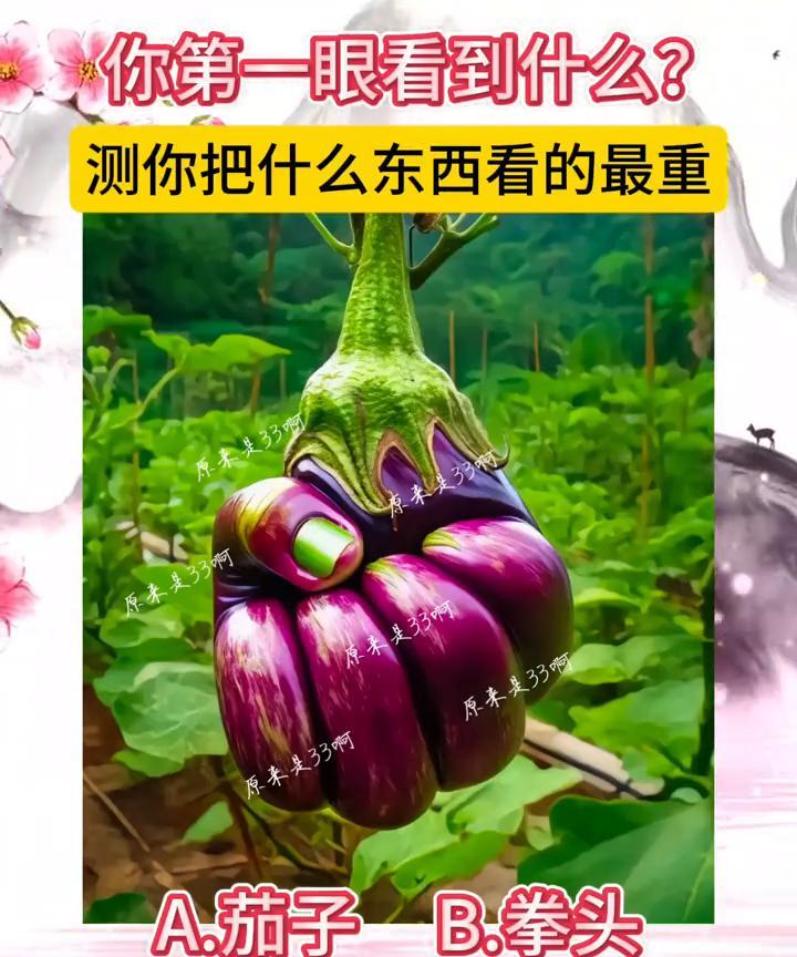 你第一眼看到什么？测你把什么东西看的最重。
A.茄子；B.拳头。