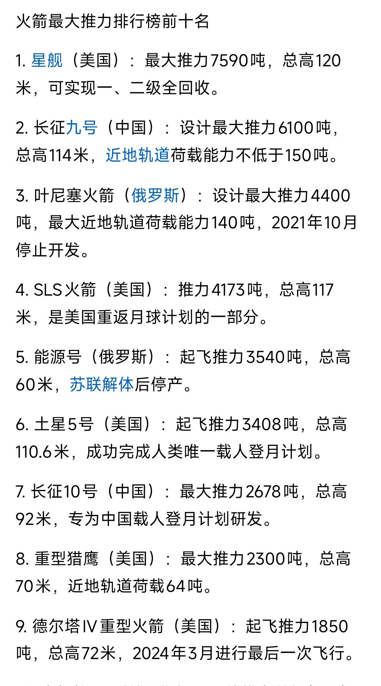 史上全球十大推力火箭（包括现役、退役、正在研制），中国有两个，其中的一种排名世界