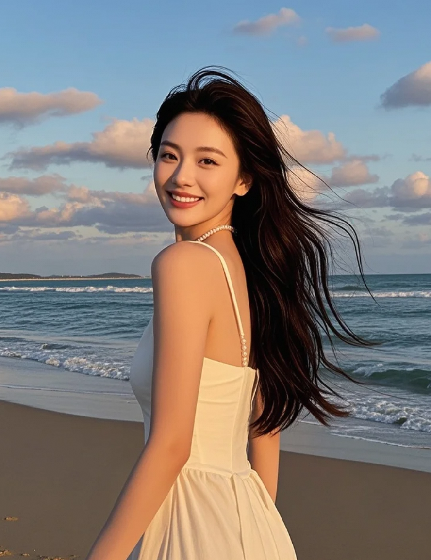 白裙曳过细沙，长发拂过晚风，心归于平静