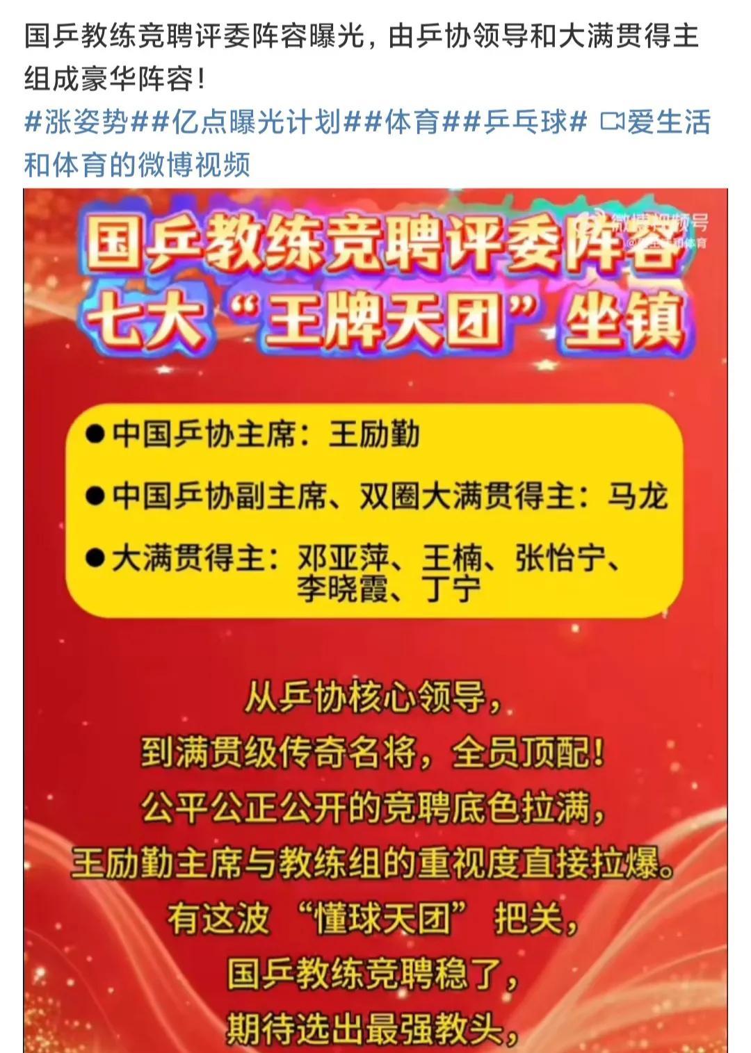 国乒教练竞聘评委阵容曝光，由乒协领导和大满贯得主组成豪华阵容！一看这评委阵容，相