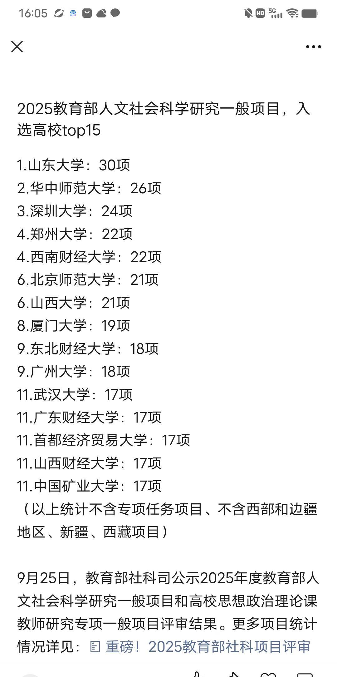 2025教育部人文社会科学研究一般项目，入选高校top15 1.山东大学：30项