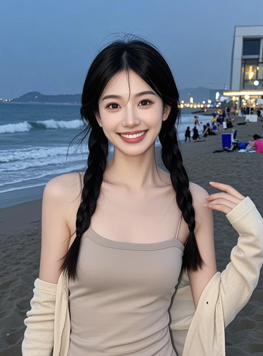 海风吻过她的脸颊，这一刻美得不像话。