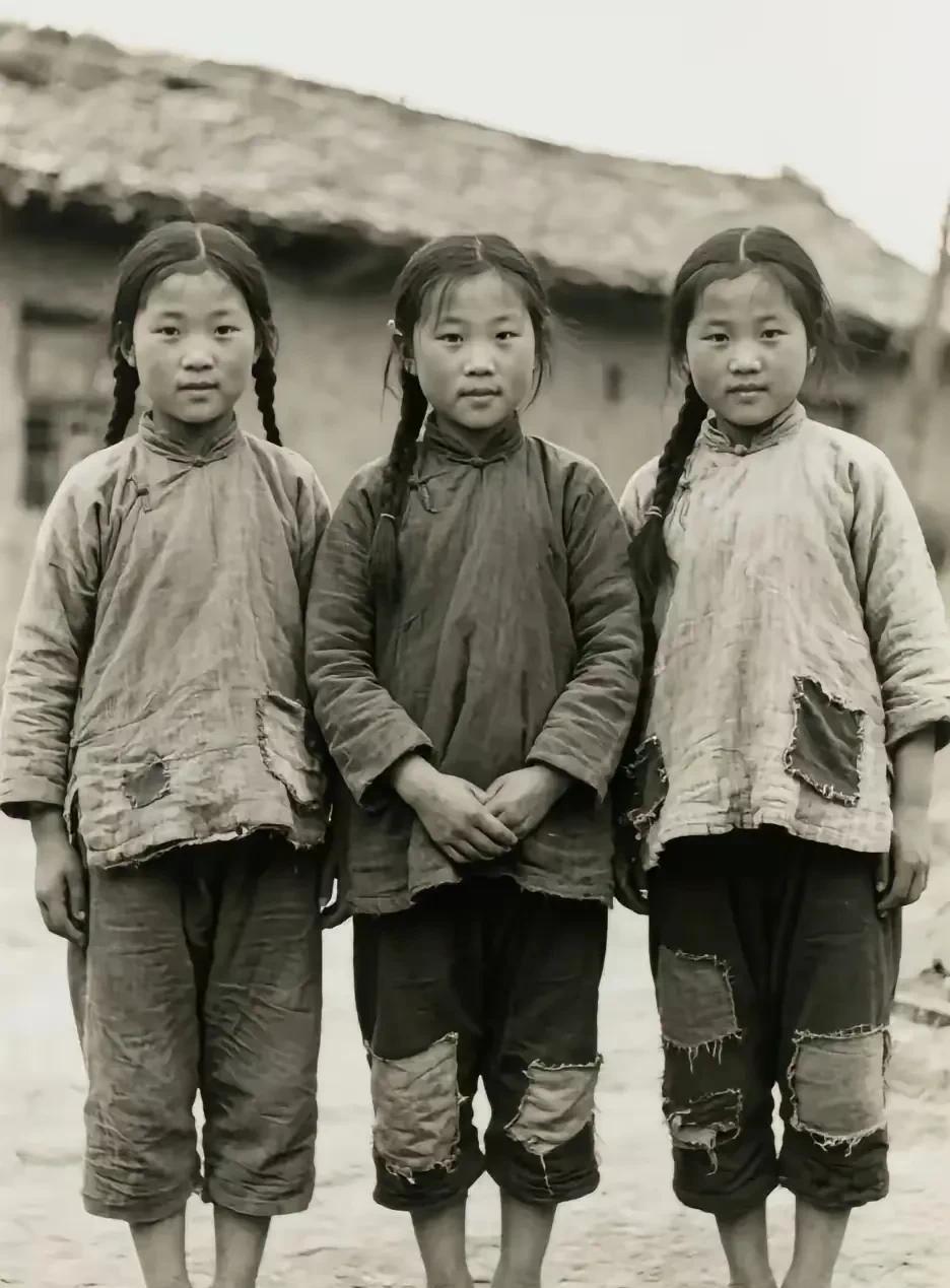 小时候生活在农村，很多女孩子就是这个样子。
衣服虽然褴褛，但又黑又长的辫子是当时