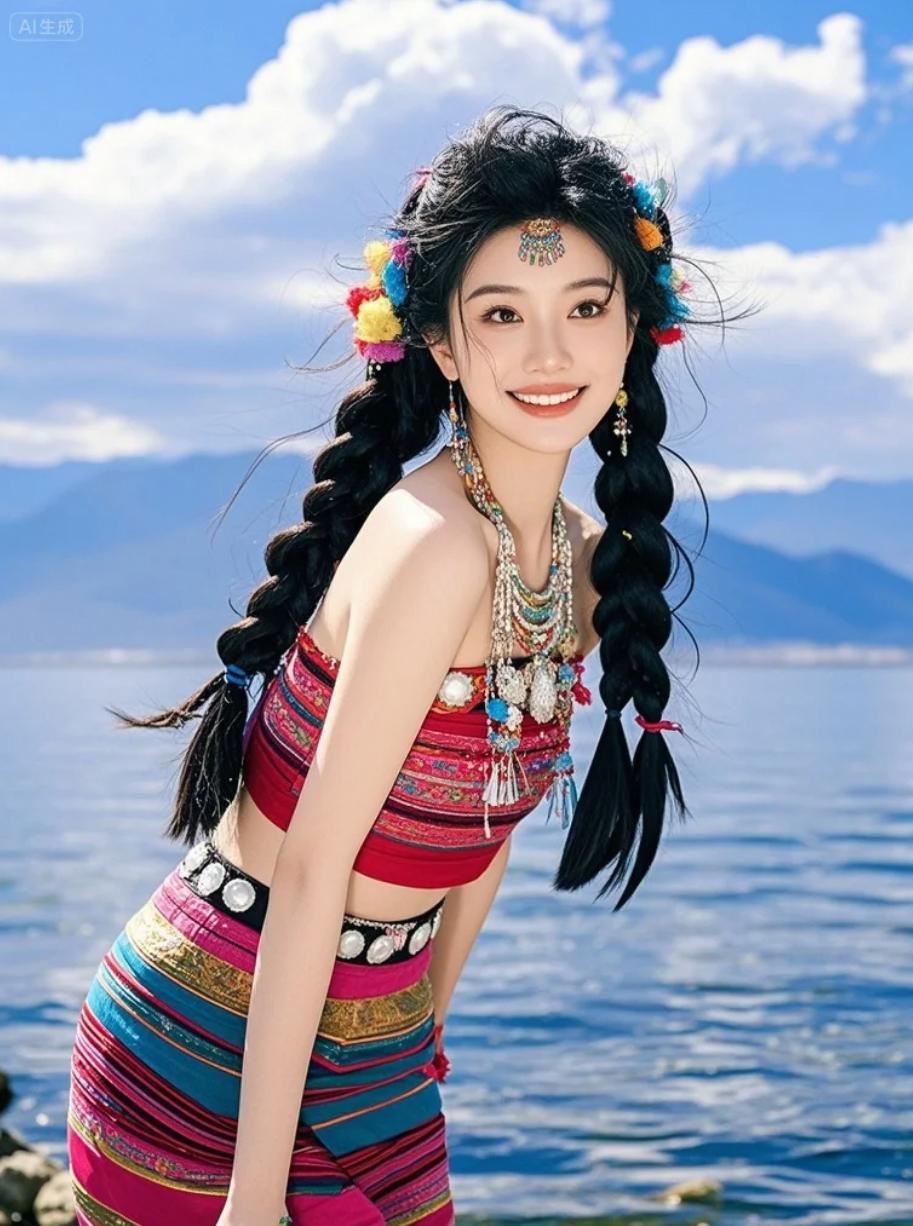 白族姐妹并肩站在洱海栈道，挥手喊：“蓝天配白裙最配！”