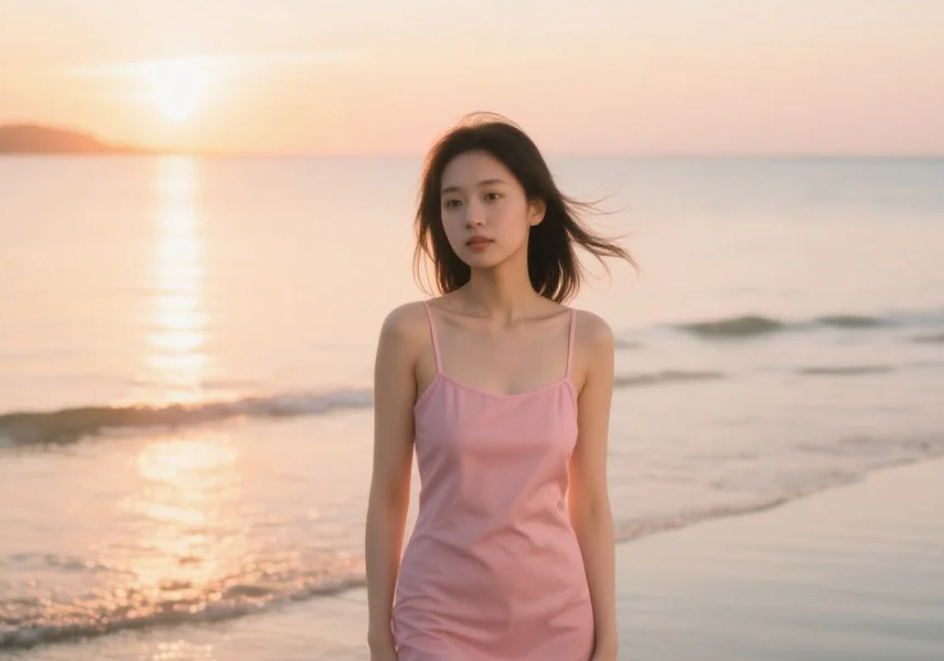 海风吹得刚刚好，我的裙摆也被吹得恰到好处，你喜欢这样的我吗？