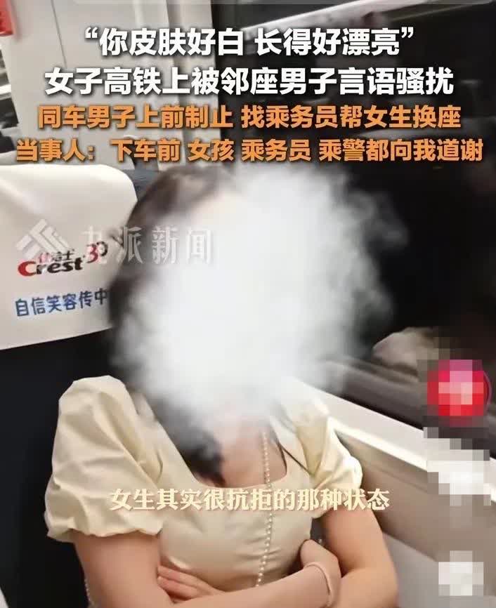 女子高铁遇油腻男骚扰，陌生人出手太解气！4月17日，在岳阳开往长沙的G1289高
