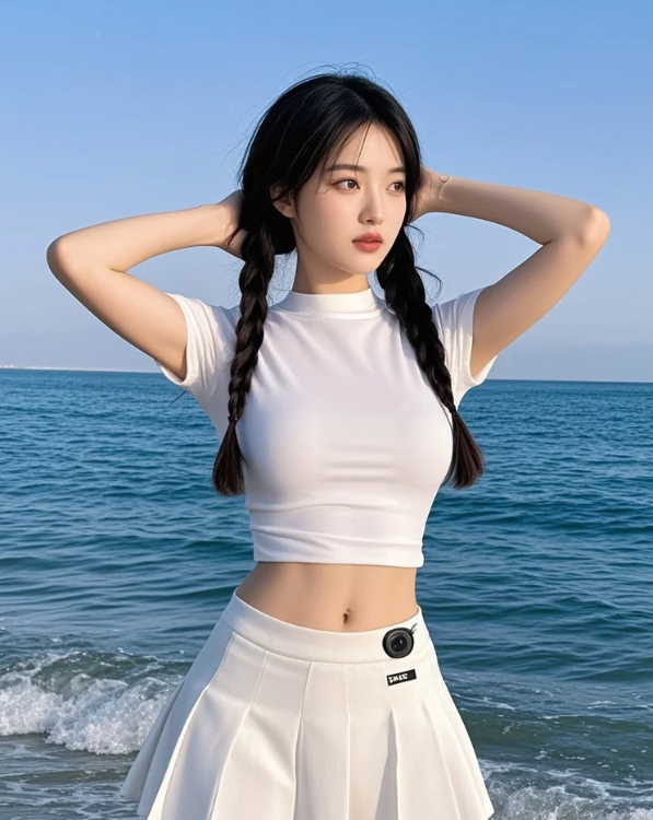 海风轻拂发丝舞，碧海蓝天映笑颜