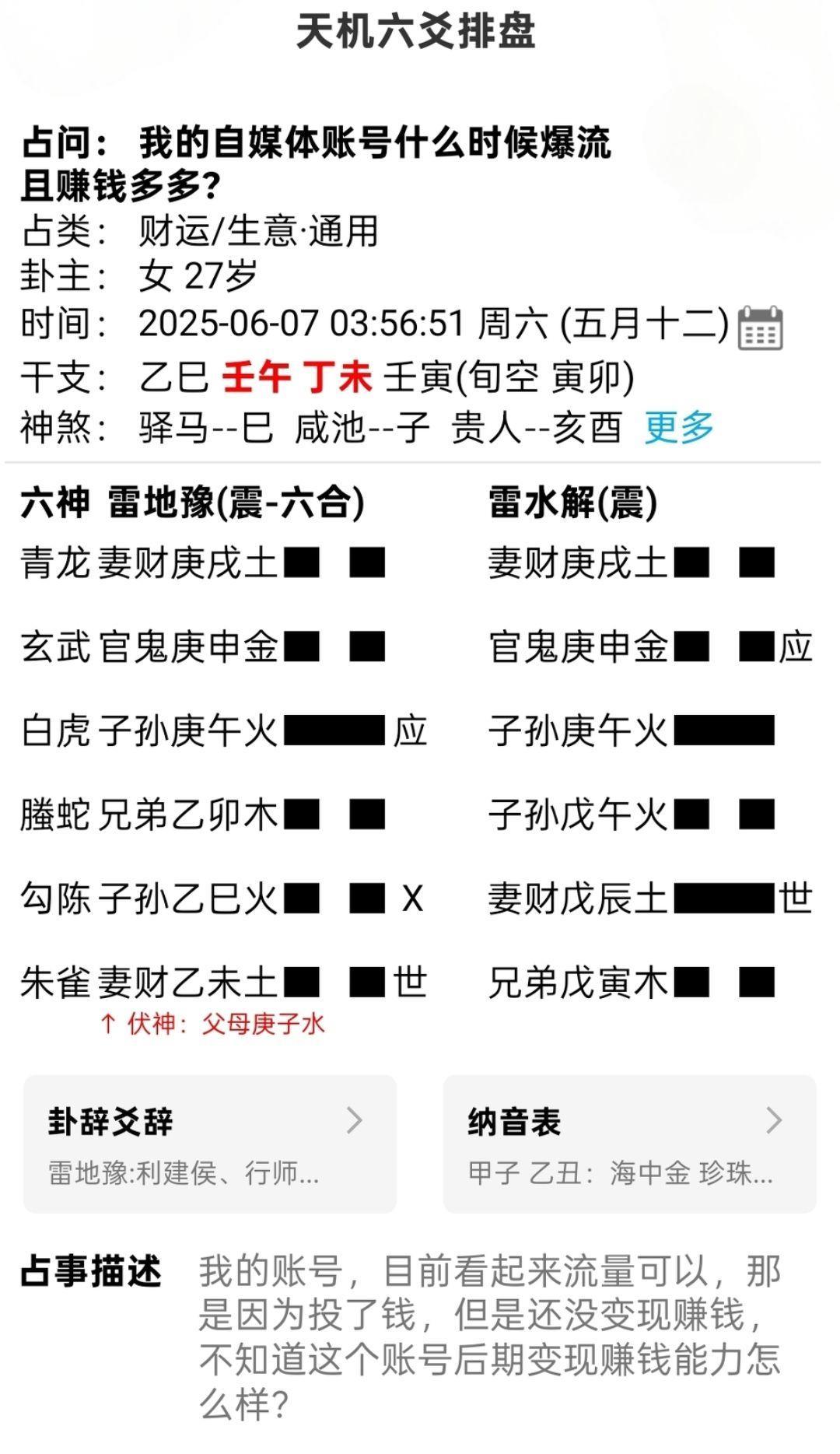 《网友供稿》？？？美女测自媒体帐号能变现否？壬午月丁未日摇卦得，雷地豫变雷水解，