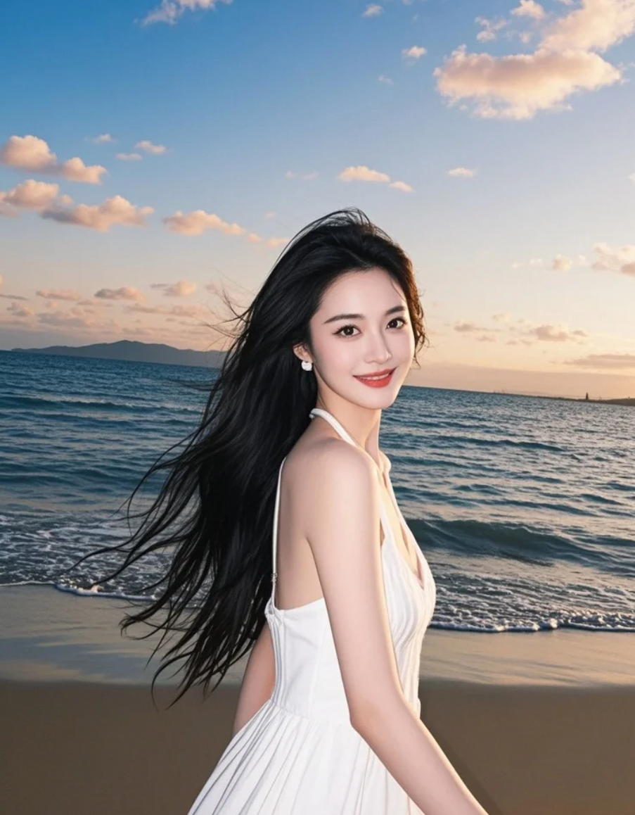 长发飘飘，白裙猎猎，活力四射