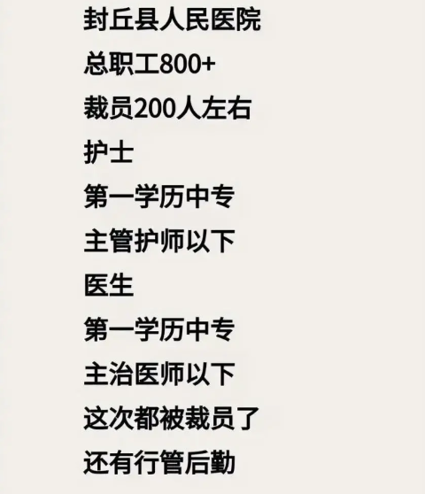 河南封丘县医疗圈炸锅了，辞退了大几百人。

近两天，接连刷到封丘县护士们的视频，