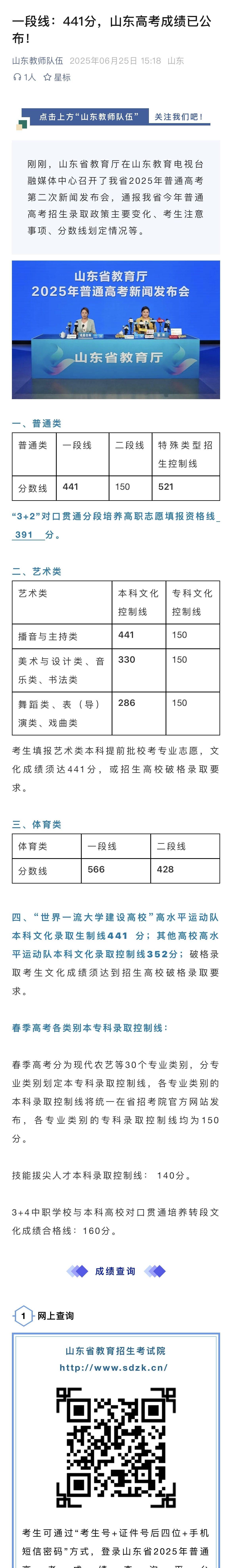2025年山东省普通高等教育招生考试成绩发布了！
其中普通类一段线为四百四十一分