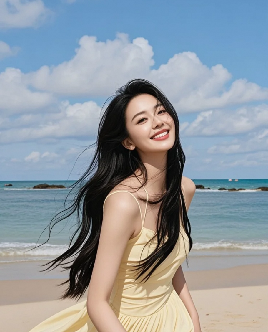 海风调皮地掀起她的裙角