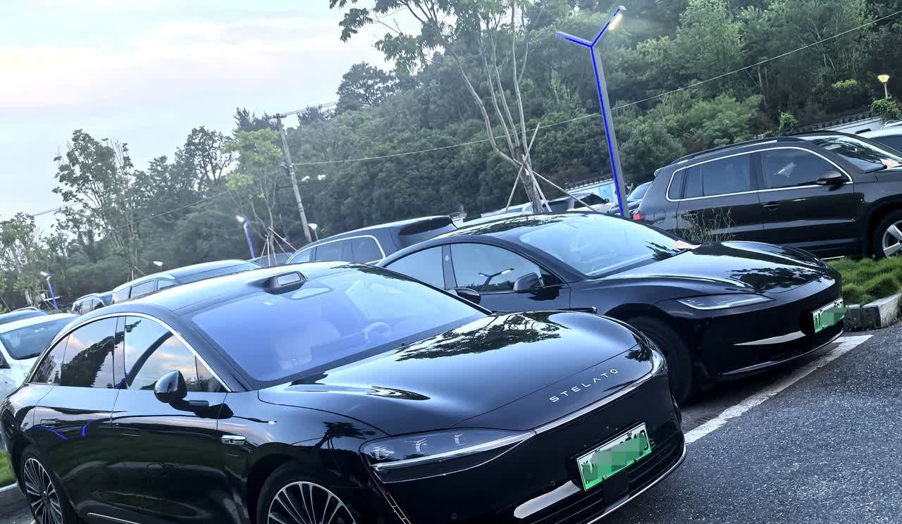 今天在公园一角看到一辆享界S9，和旁边的特斯拉比起来显得圆润饱满，车体也大，黑色