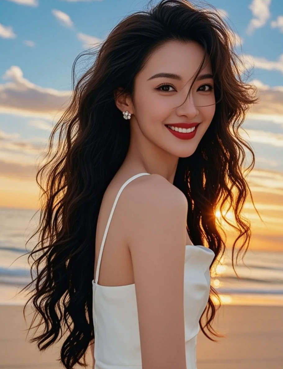 夕阳将她的影子拉长，长发与白裙的剪影