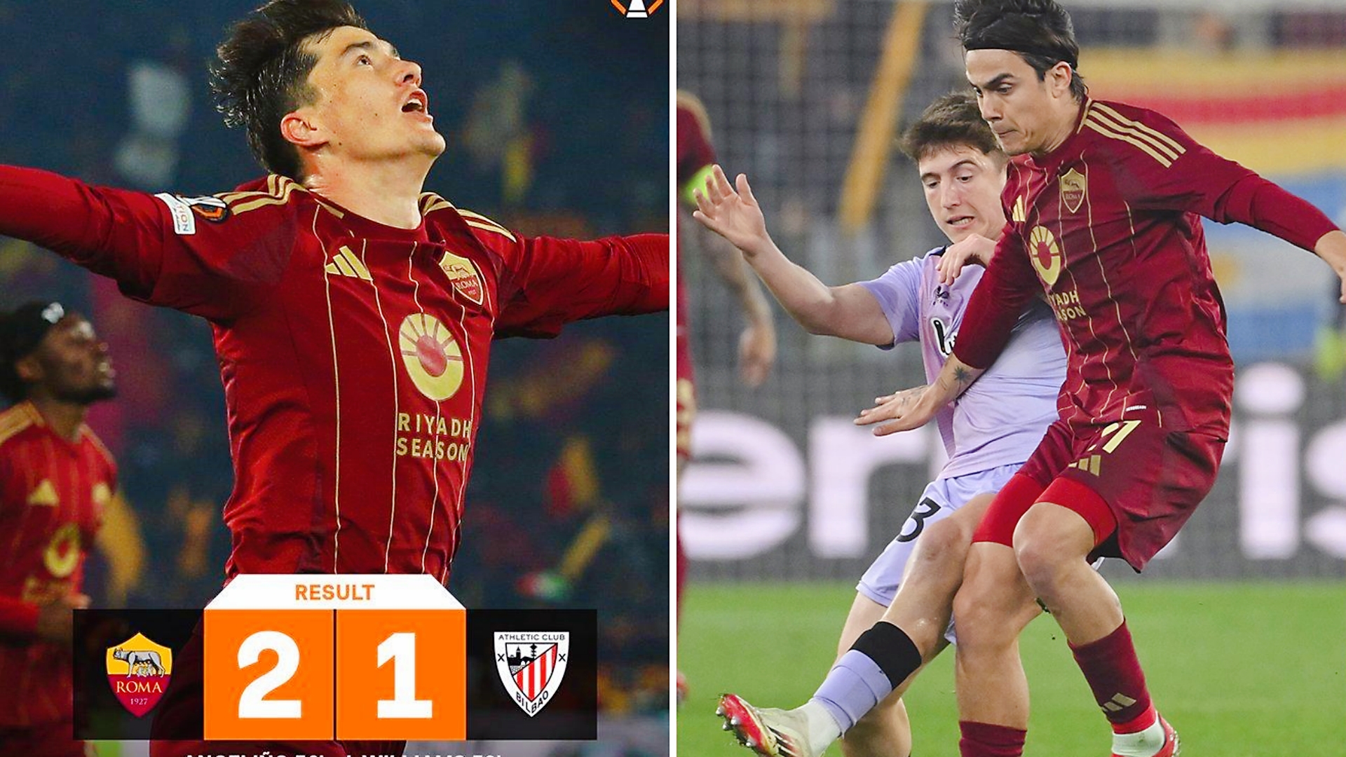 欧联杯：罗马主场2-1逆转10人毕尔巴鄂竞技，各项赛事5连胜。
伊纳基-威廉姆斯