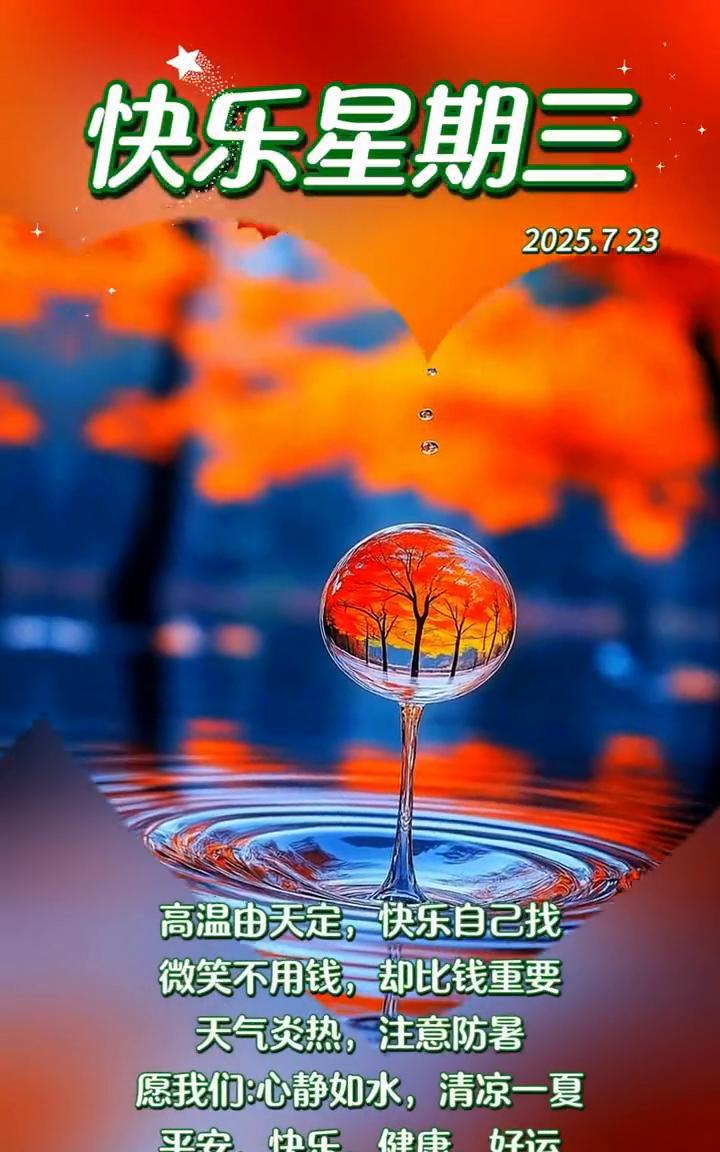 快乐星期三。
高温由天定，快乐自己找。微笑不用钱，却比钱重要。天气炎热，注意防暑