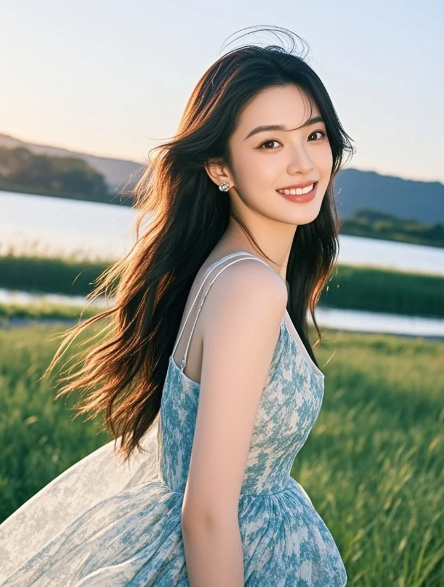 晚风中的优雅倩影，长发与温柔笑容是绝美组合