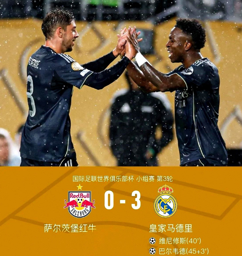 皇马3：0萨尔茨堡红牛！

头名出线！

维尼休斯传射，贡萨洛-加西亚破门！
