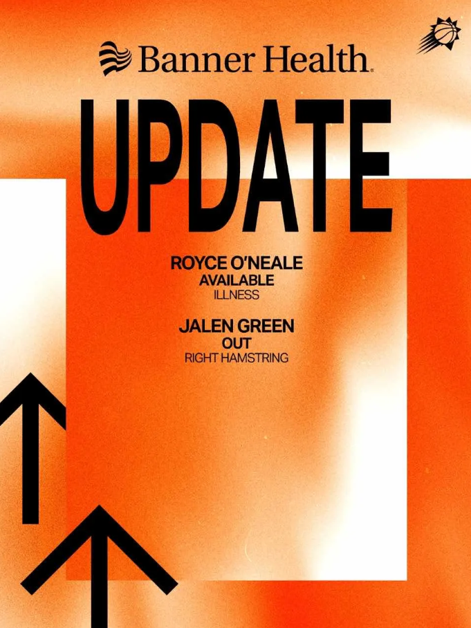 NBA常规赛：太阳将于主场迎战鹈鹕。
赛前，太阳官媒更新了球队伤病报告：
罗伊斯