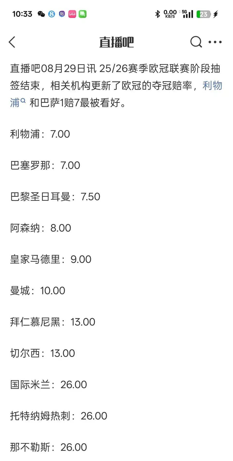 新赛季欧冠赔率是八大豪门差不多。
利物浦，巴萨，大巴黎最高档次。
阿森纳，皇马，