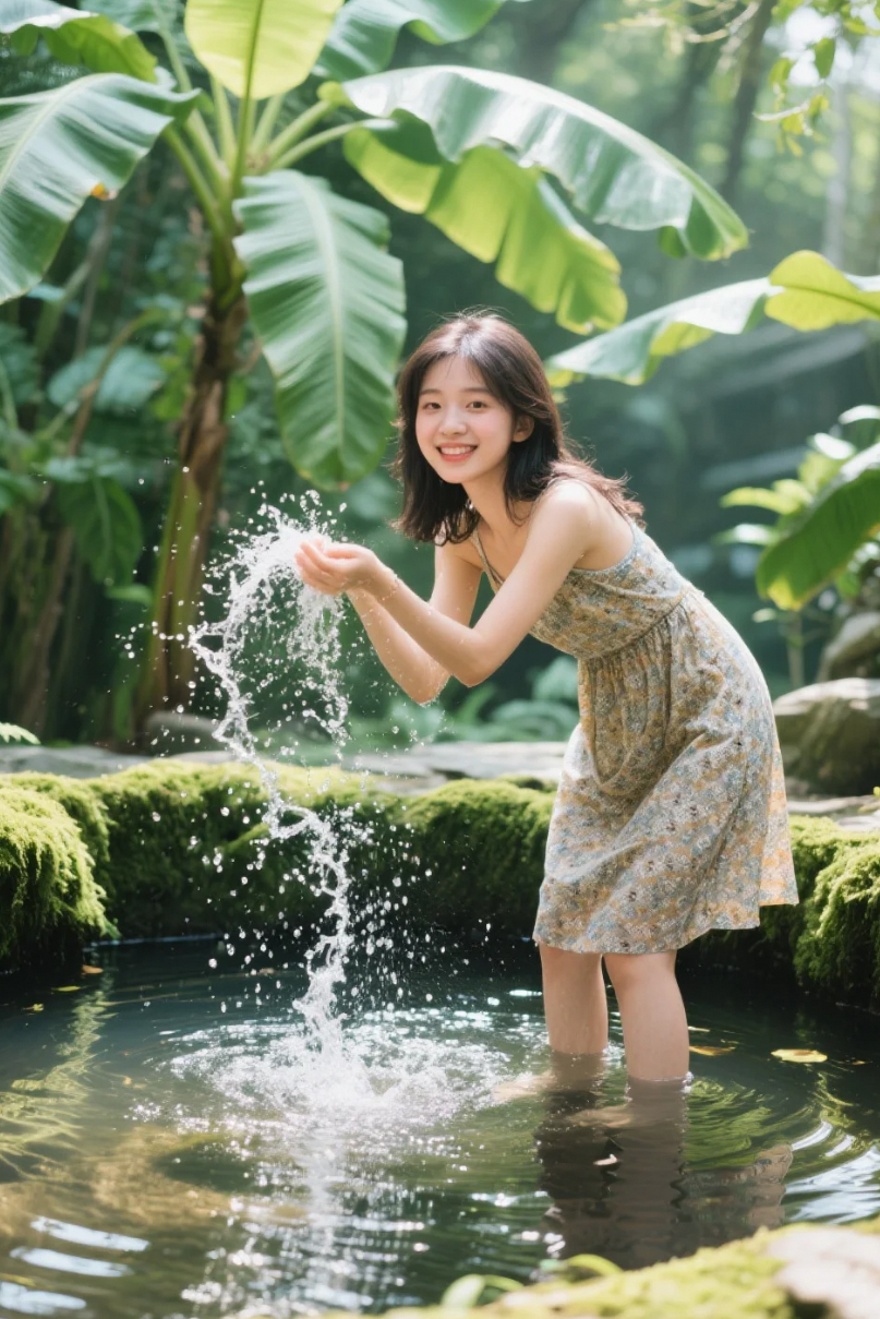 四溅的水花，映出她的笑容