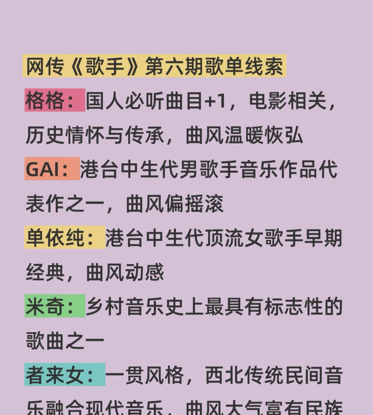网传歌手第六期歌单线索来了，怎么不见生哥的。
歌单线索来了。
比较期待的是Gai