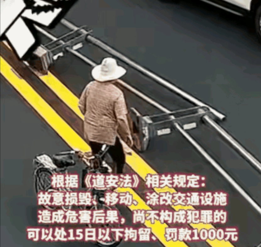 必须要让她领盒饭长长记性了！只为图方便推自行车过马路，就推倒百余米道路隔栏的大妈