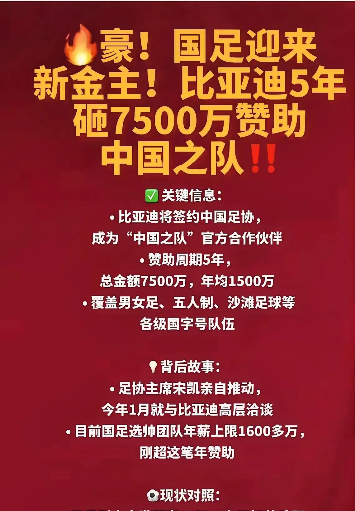 国足解散倒计时！
比亚迪甩7500万续命！
五分钟前台还在吵明天买票退票
现在直