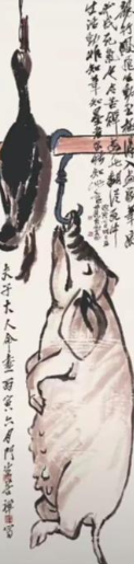1926年齐母病逝，齐白石让27岁的李苦禅画了猪和鸭子予备烧掉祭祀母亲；谁知在齐