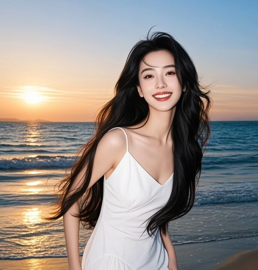 海风吹起额前碎发，露出宁静的眉眼，白裙微动