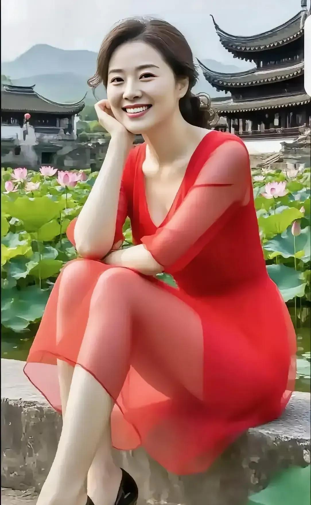荷香袅袅绕清池，
半透红纱映娇姿。
玉手支腮含美笑，
亭台楼阁韵盈时。