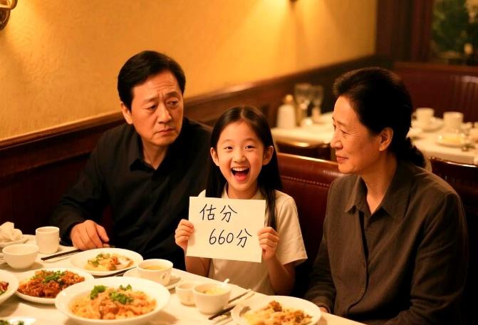 2025年高考结束，一家三口约好去饭店庆祝。

女儿估分660分想告诉爸妈，结果