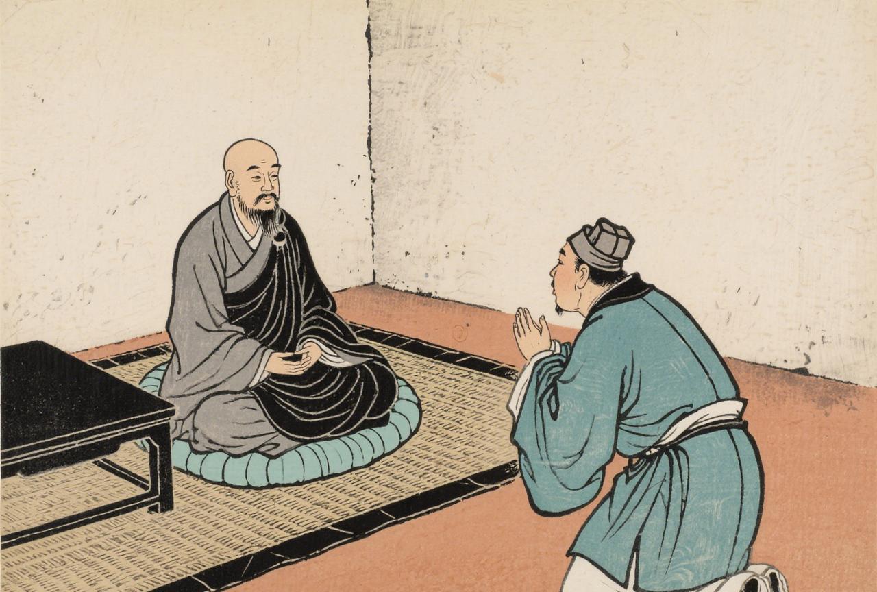 禅师在闹市中修行；
一个富翁来拜访，看见禅师的居室很简陋，屋里只有一个钵盂挂在墙