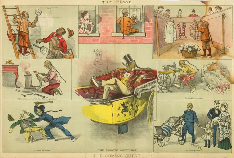 1880年代，美国《法官》杂志插画，形容在美国中国人的发展途径，从帮人打杂开始，