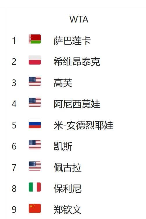 中网开始前wta最新排名
1，萨巴伦卡
2，斯瓦泰克
3，高芙
4，阿尼西莫娃