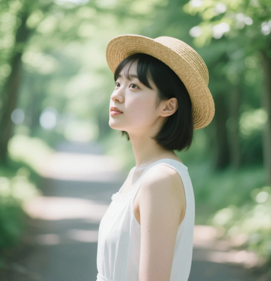 她在绿意中穿行，仿佛是森林的女儿。