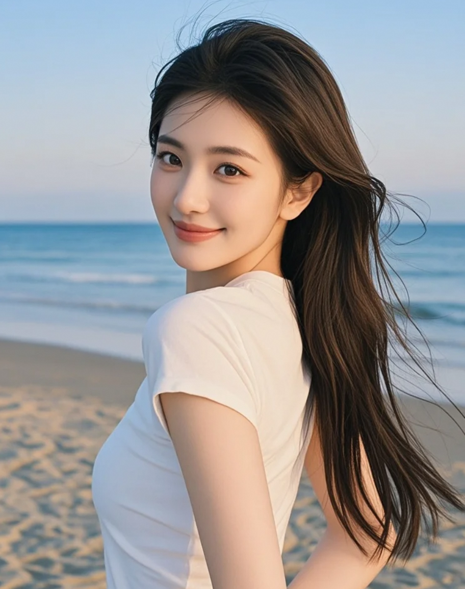 长发女孩在沙滩，晚风轻拂，笑容如花，充满诗意