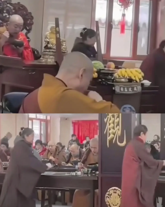 被少林寺吃饭这个场景惊到了

一，释永信作为方丈，身居高位，坐在主位上倒没什么问