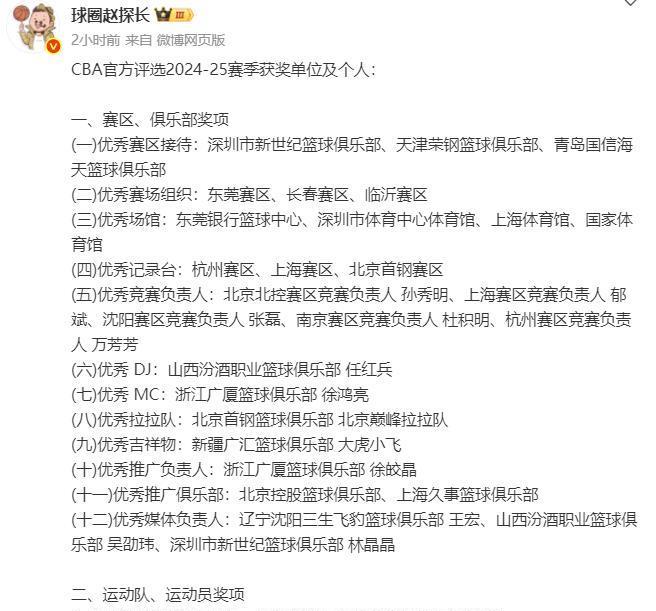 看了一下CBA官方公布的2024-2025赛季获奖单位和个人。基本上就是没评上优