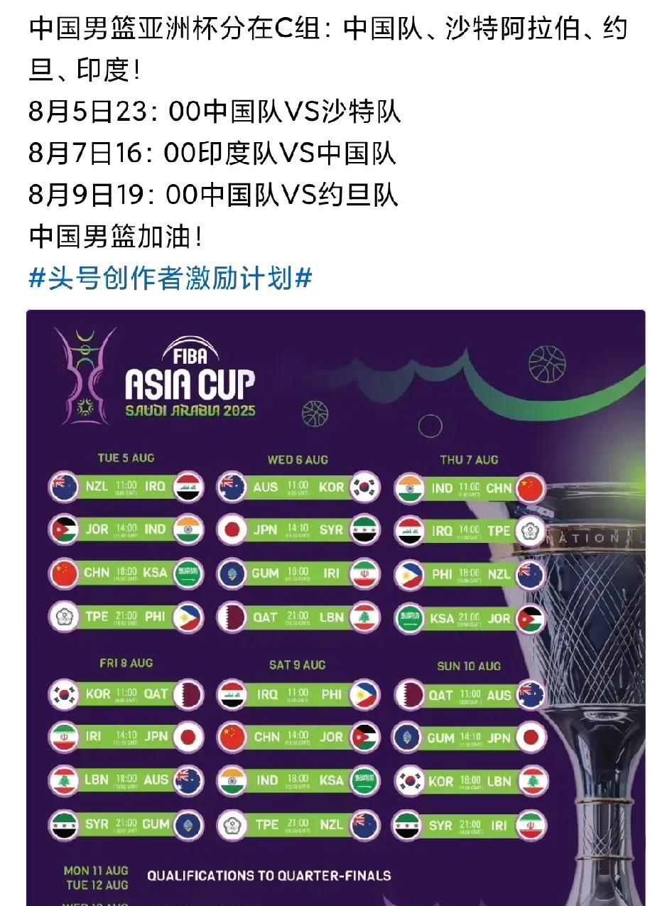 中国男篮亚洲杯分组和时间出炉了，球迷们记得收藏，咱们中国男篮分在C组，貌似对手不
