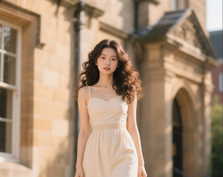 少女浅笑嫣然，在阳光明媚的日子里，穿梭于斑斓美景间