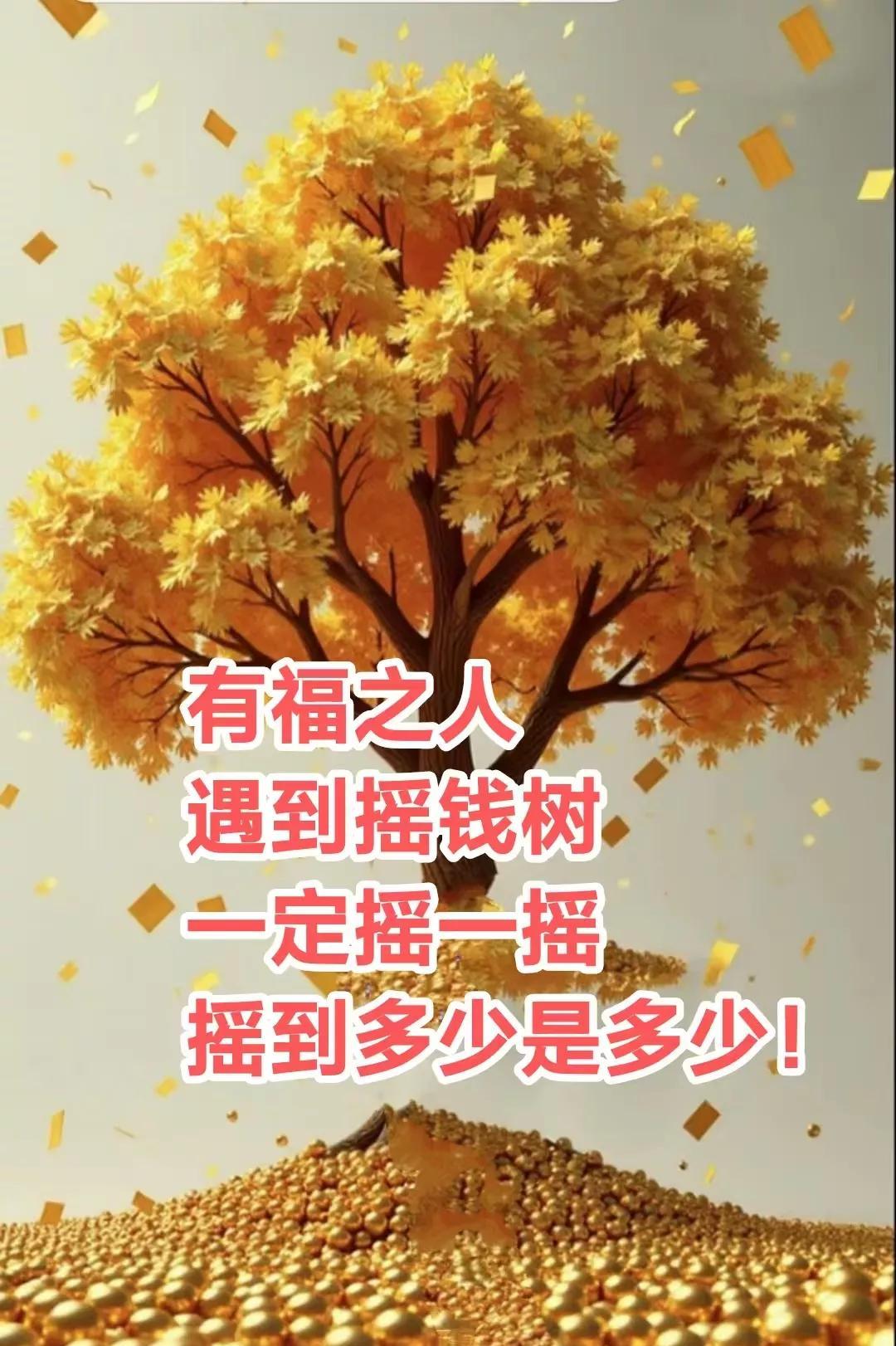 见到摇钱树你一定要，
摇一摇来抖一抖，
金银财宝都到手
幸福安康在心头，你要摇！