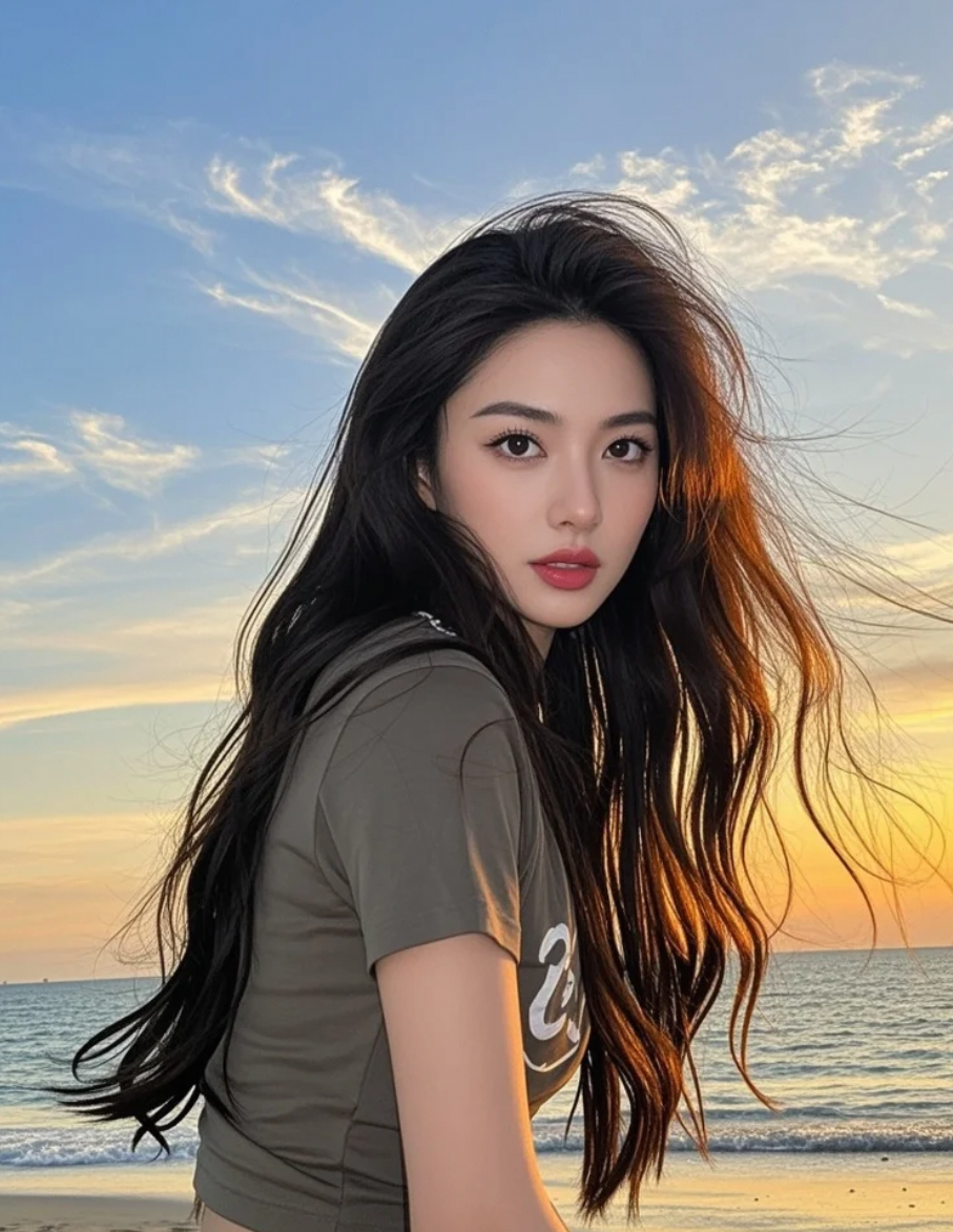 她轻抚被风吹乱的发丝，笑容灿烂如阳光