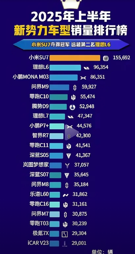 没有特斯拉，没有比亚迪，也没有吉利，奇瑞，只统计了新势力。
新势力车企上半年销量
