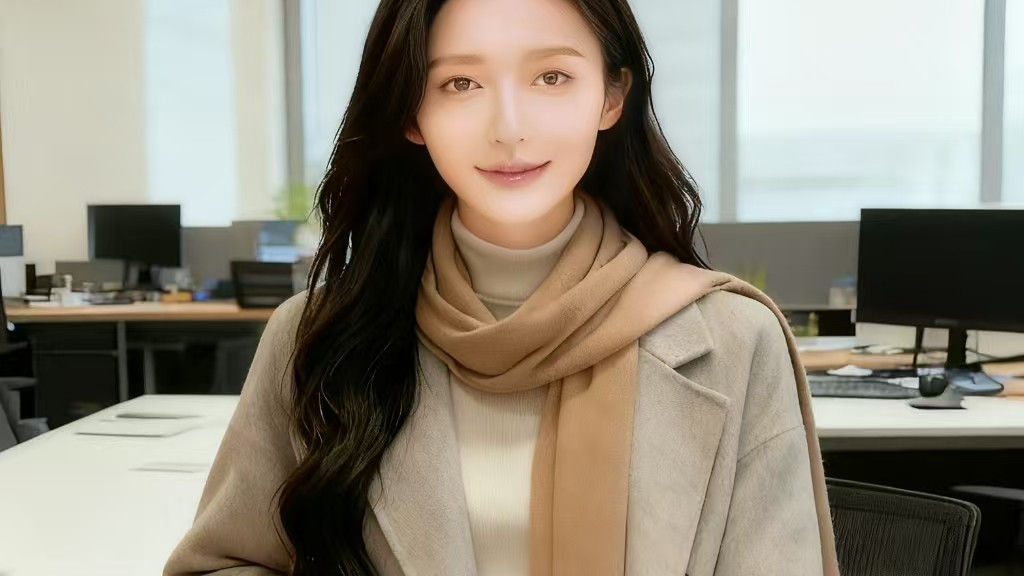 浅灰色长款大衣搭配米白色高领针织衫，秋冬的职场时尚。