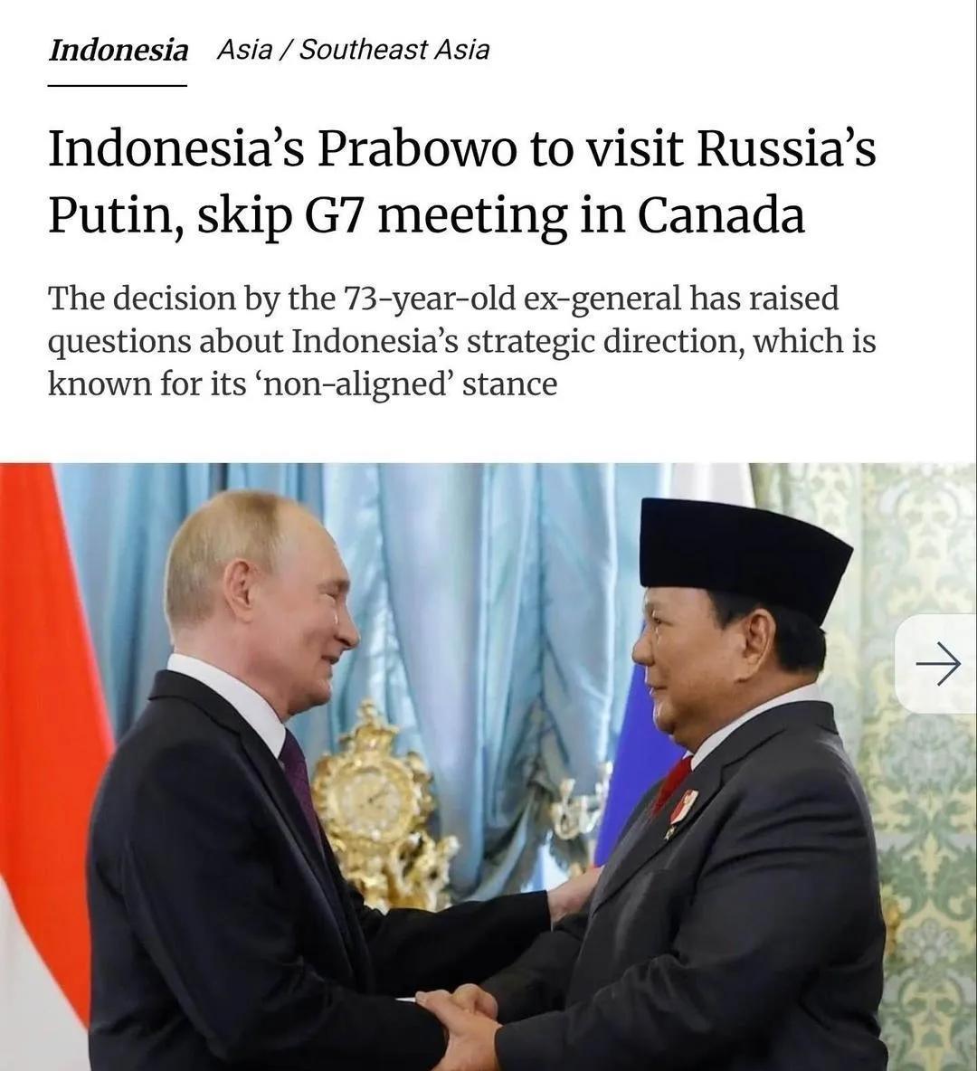 印尼和沙特都受邀参加即将在加拿大举行的G7会议，但两国均拒绝了邀请。印尼总统普拉