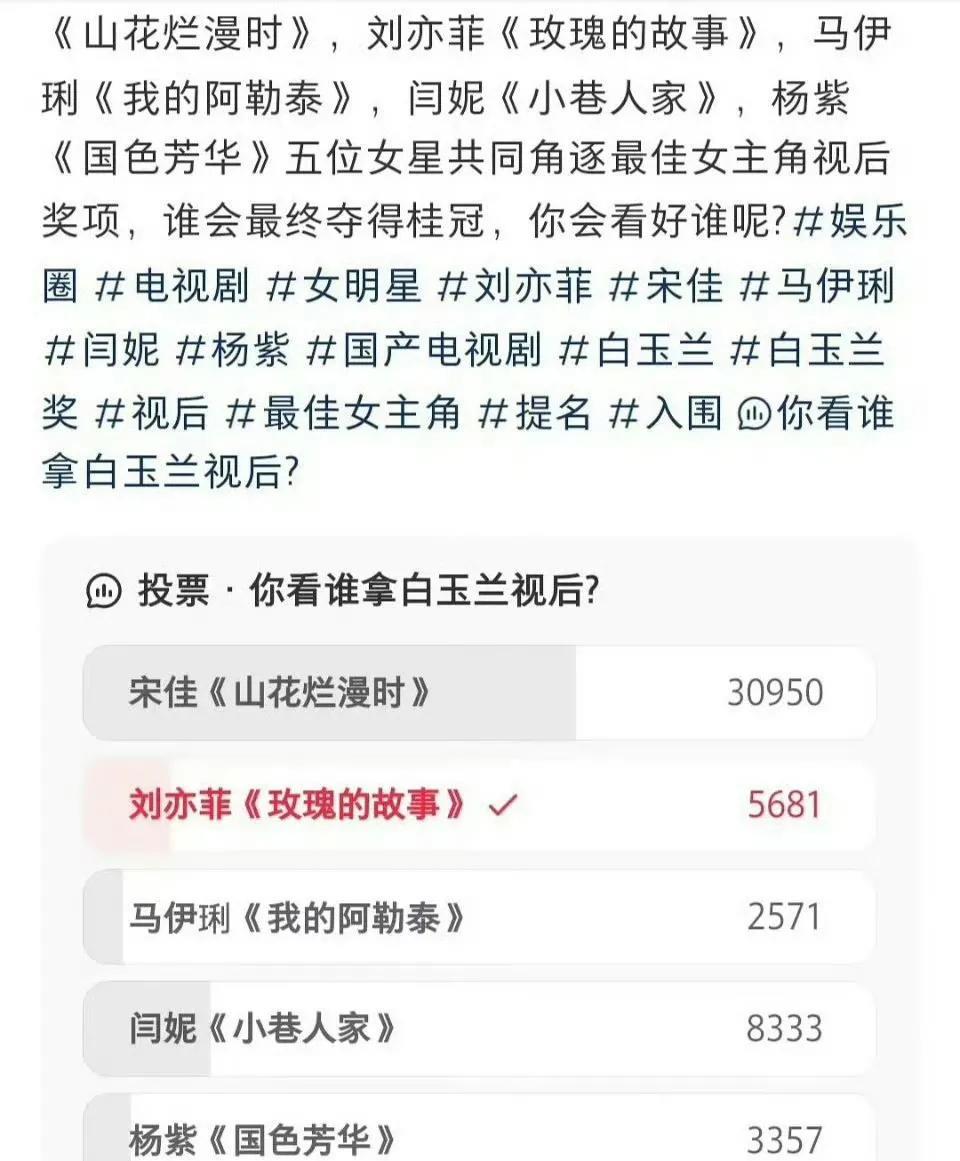 宋佳白玉兰是不是稳了？
说实话，我心里也是这么想的，虽然刘亦菲《玫瑰的故事》呼声
