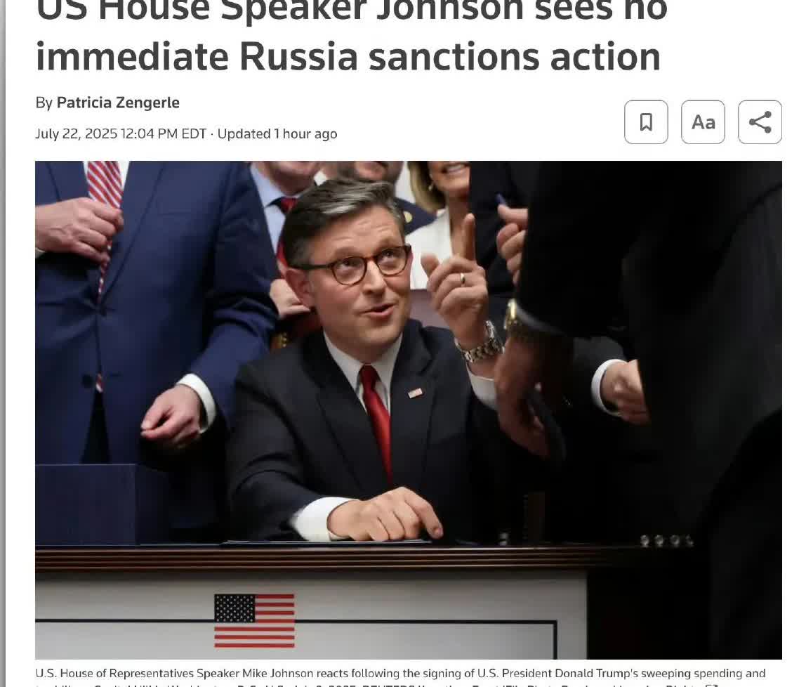 美国众议院议长约翰逊周二表示，他认为美国国会不应该在特朗普为莫斯科设定的50 天